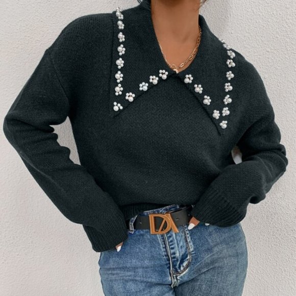 CHIC DOLLZ Collar Pearl Detail Drop Shoulder Sweat - Picture 1 of 10